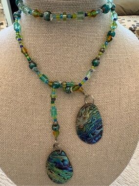 Artisan Made Beaded Lariat Necklace With Double Abalone Pendants. Blues Greens